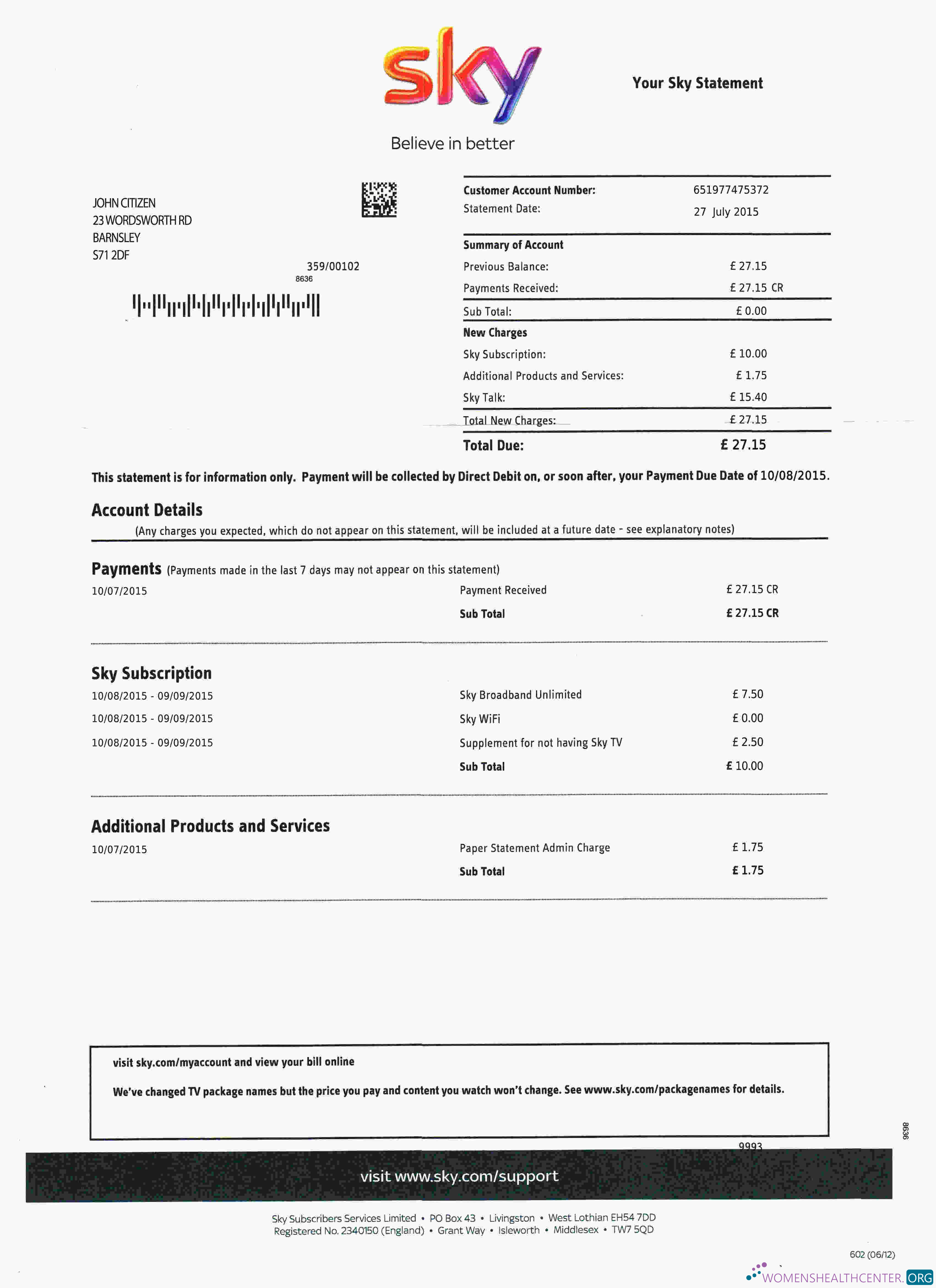 download United Kingdom Sky utility bill template, fully editable in PSD format photoshop template